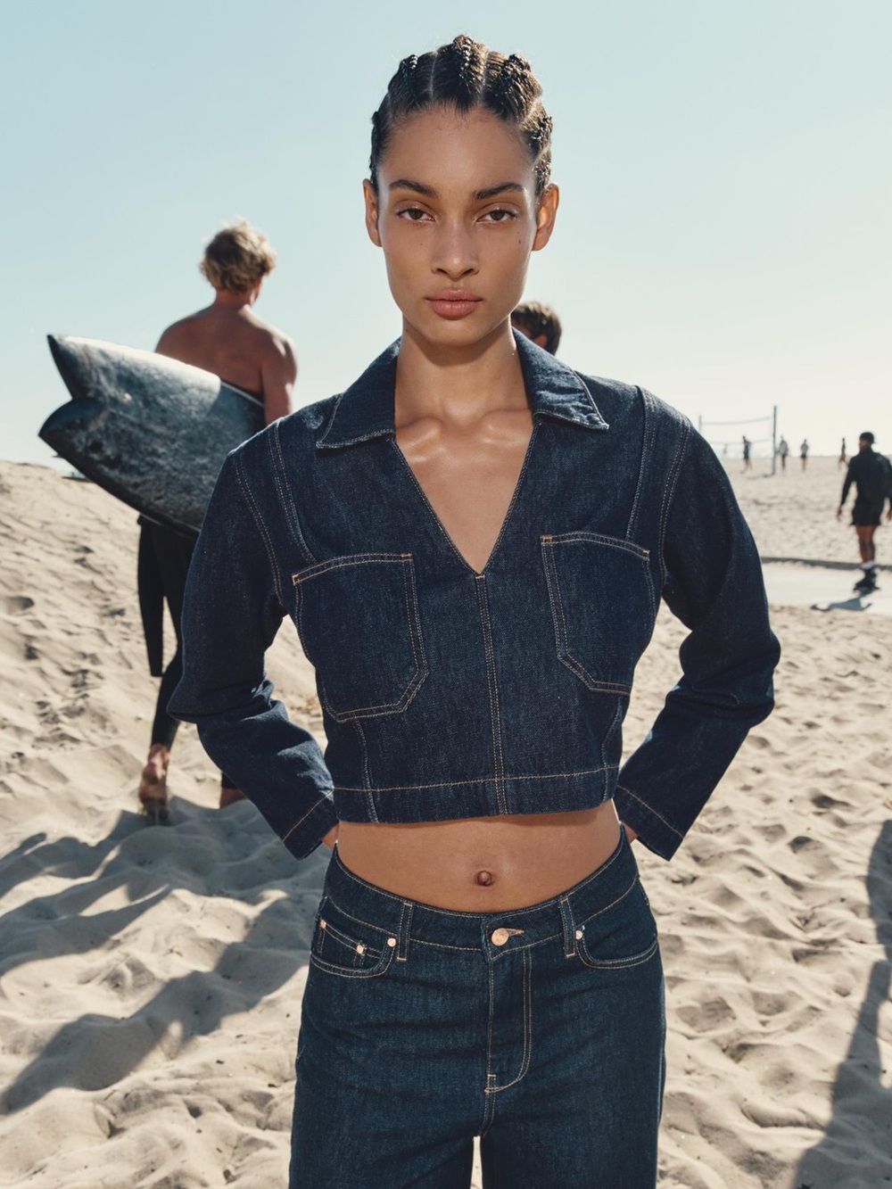 NWT. Zara Z1975 Dark Blue Denim Cropped V-neck Shirt. Size XL.